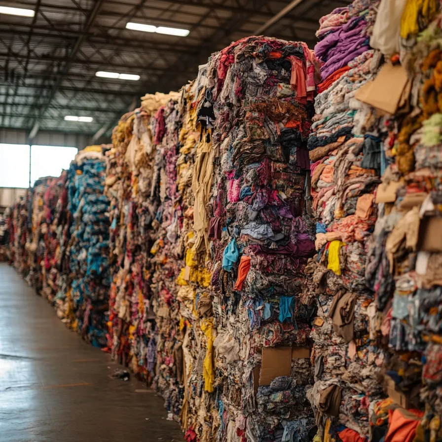 A warehouse with clothing piles